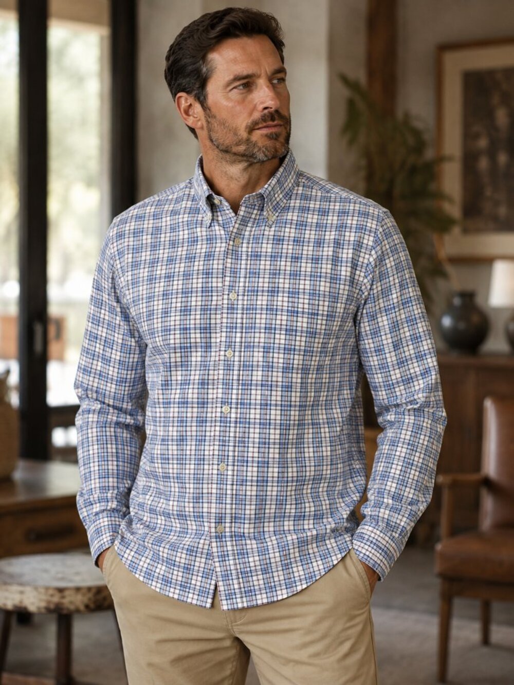 Hackett London Men's XXL Classic Fit Tattersall Plaid Button Down Shirt Blue